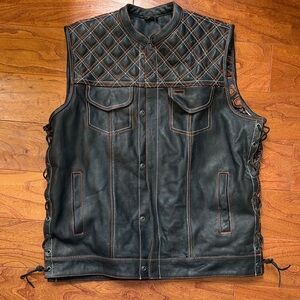 Men's Black Leather Vest with Quilted Shoulders